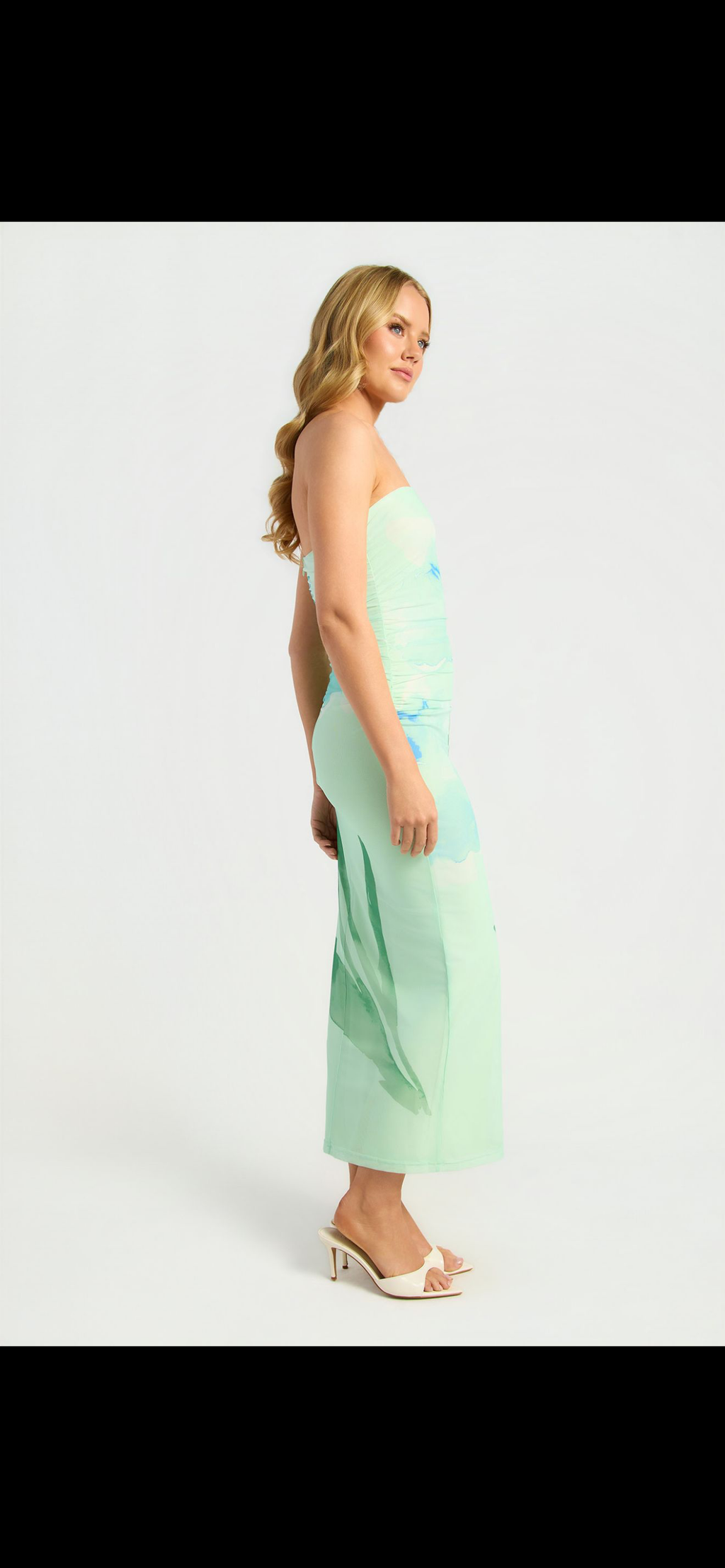 Contrast Floral Print Strapless Mesh Midi Dress