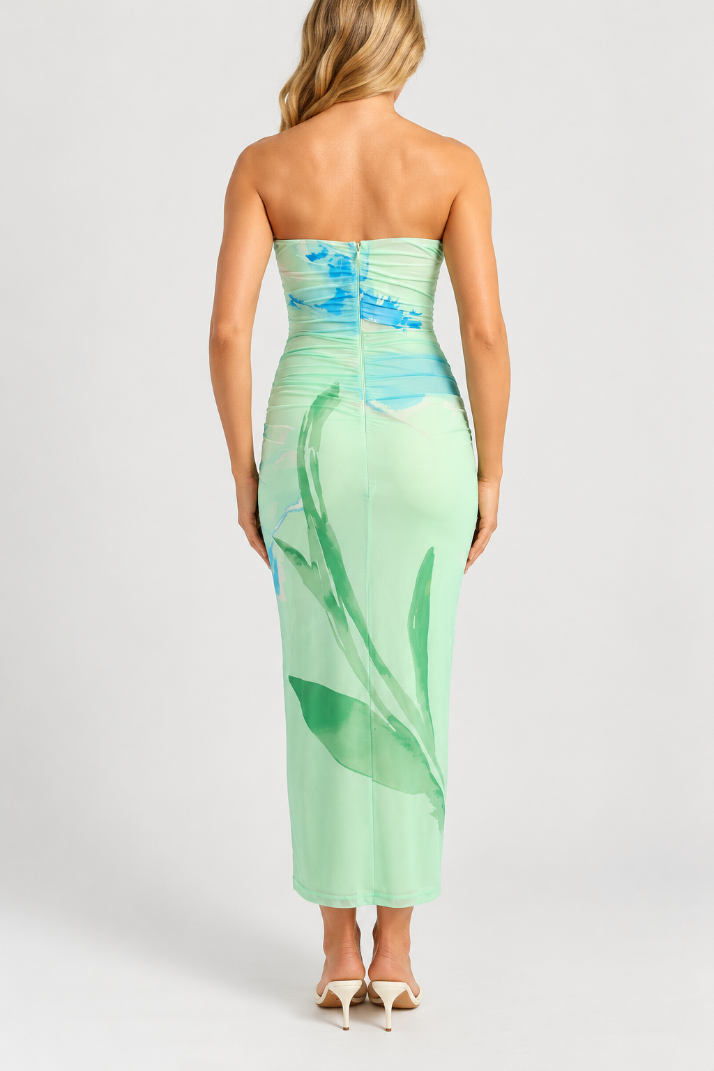 Contrast Floral Print Strapless Mesh Midi Dress