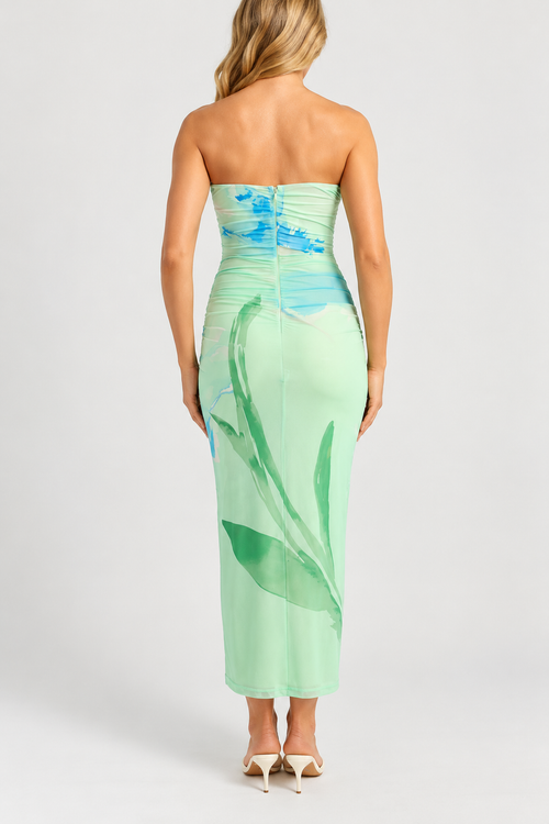 Contrast Floral Print Strapless Mesh Midi Dress