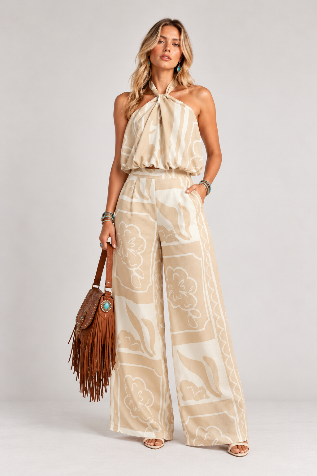 Printed Bubble Hem Halter Top and Pants Set